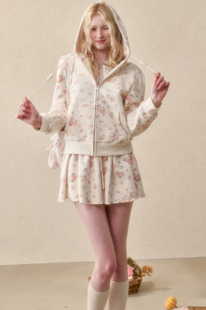 Bunny Print Hoodie Skirt Set-Up