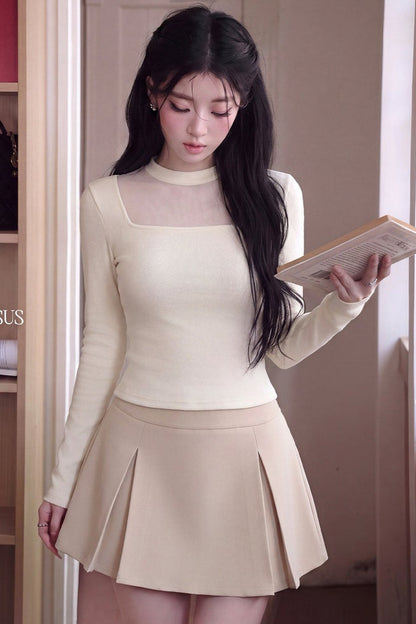 Mesh Spliced Long Sleeve Knit Top