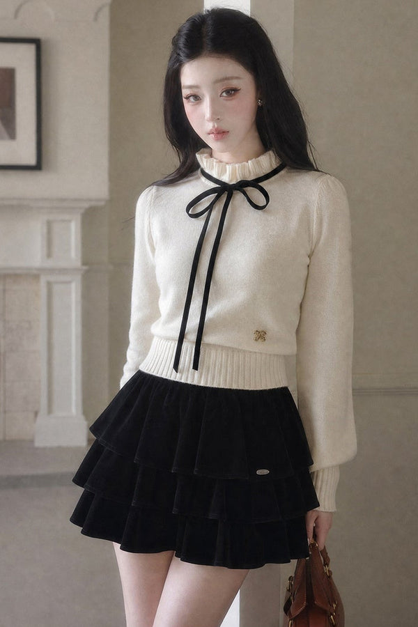 Bow High-Neck Knit Sweater and Skirt Set-Up