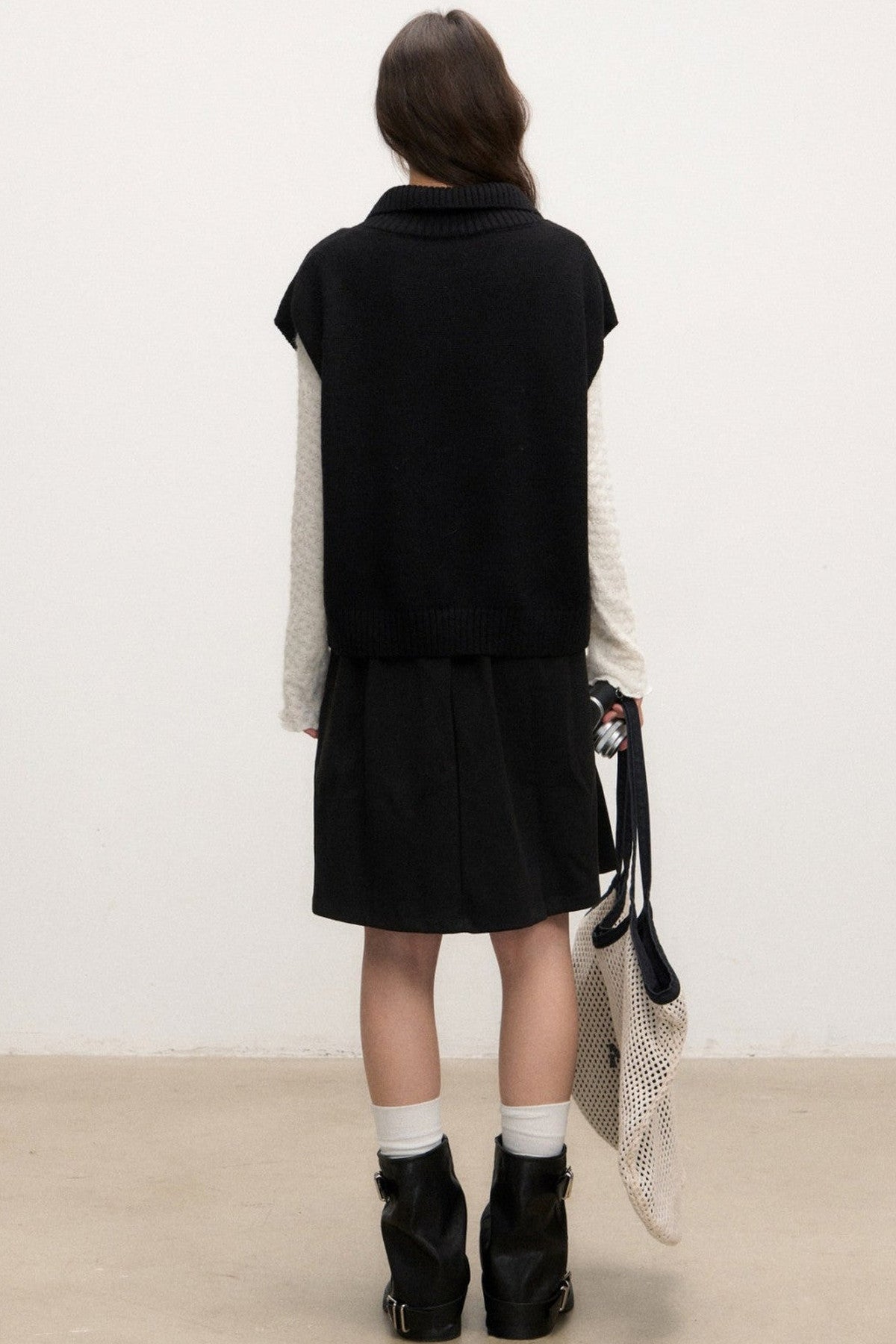 Ensemble cardigan gilet en maille à revers noir