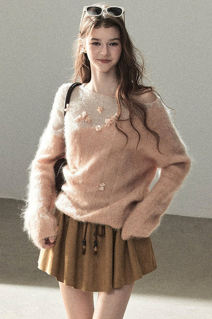 Pull en laine mohair à motif floral