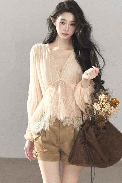 Lace Chiffon Lantern Sleeve Top Set