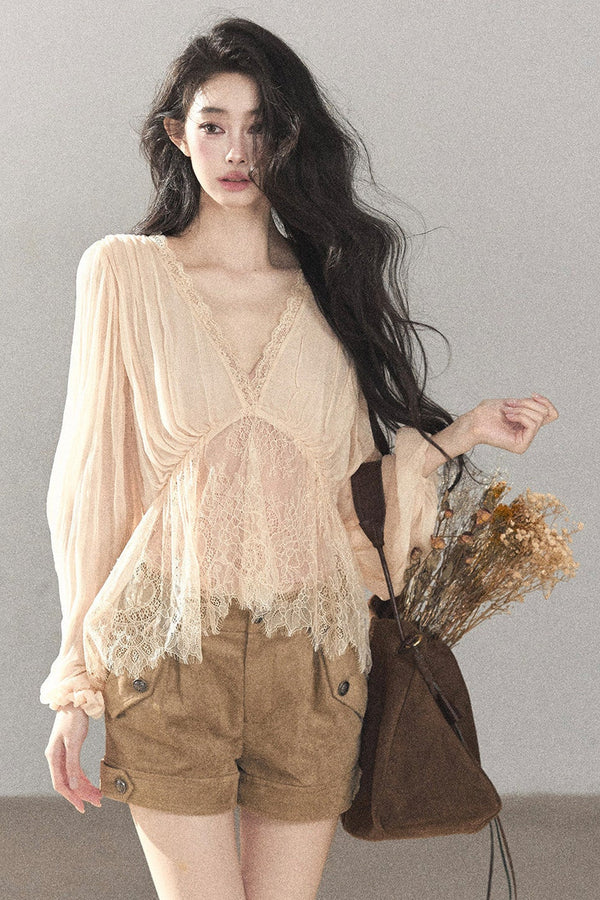 Lace Chiffon Lantern Sleeve Top Set