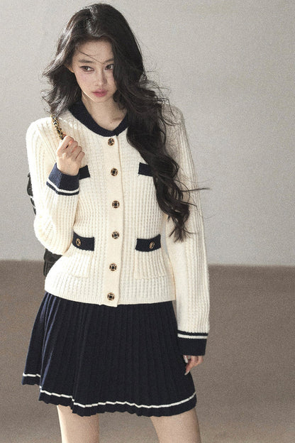 Ensemble deux pièces cardigan en tricot de laine et jupe