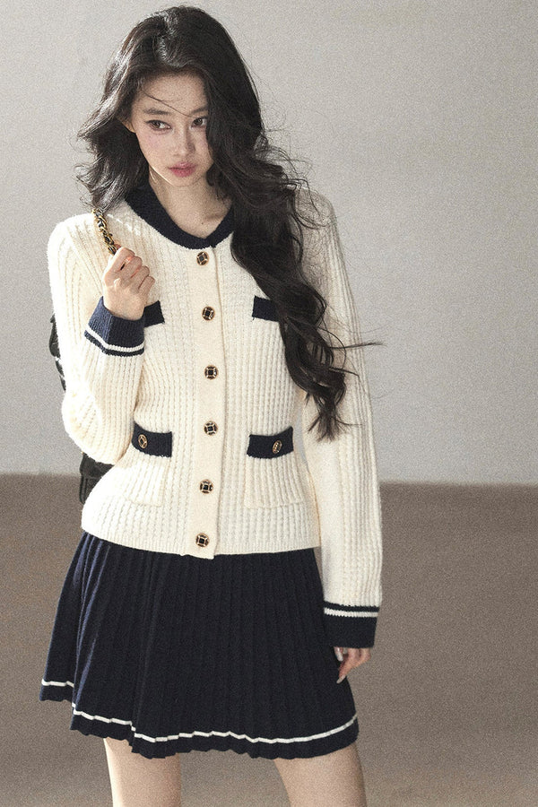 Wool Knit Cardigan Skirt Two-Piece Set-Up