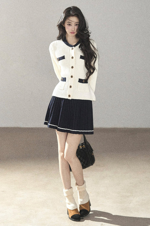 Wool Knit Cardigan Skirt Two-Piece Set-Up