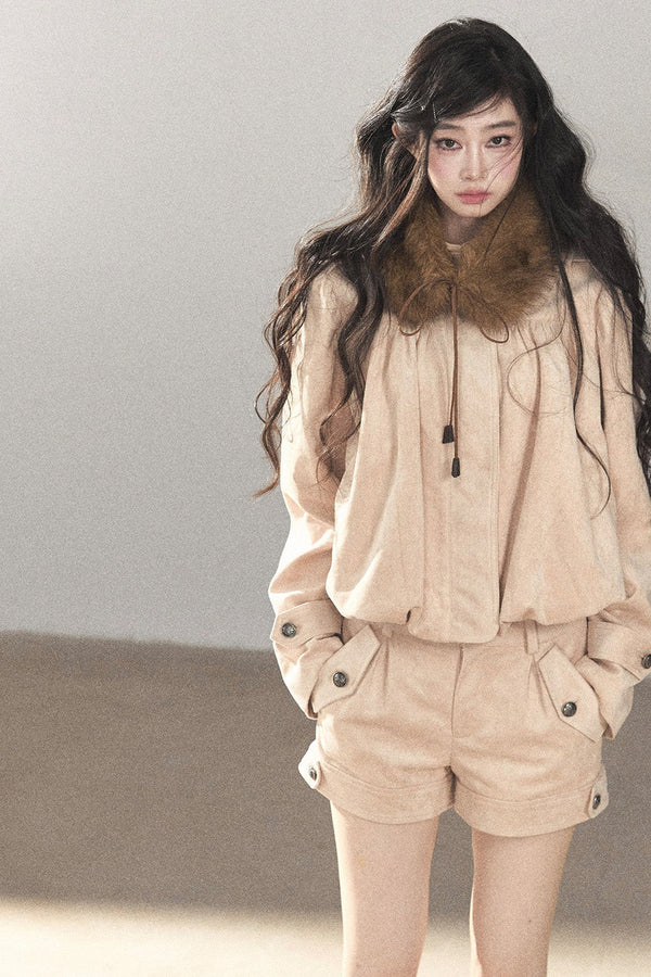 Faux Suede Jacket and Shorts Set-Up