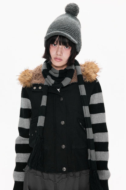 Fur Collar Hooded Striped Jacket