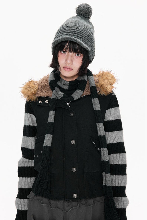 Fur Collar Hooded Striped Jacket
