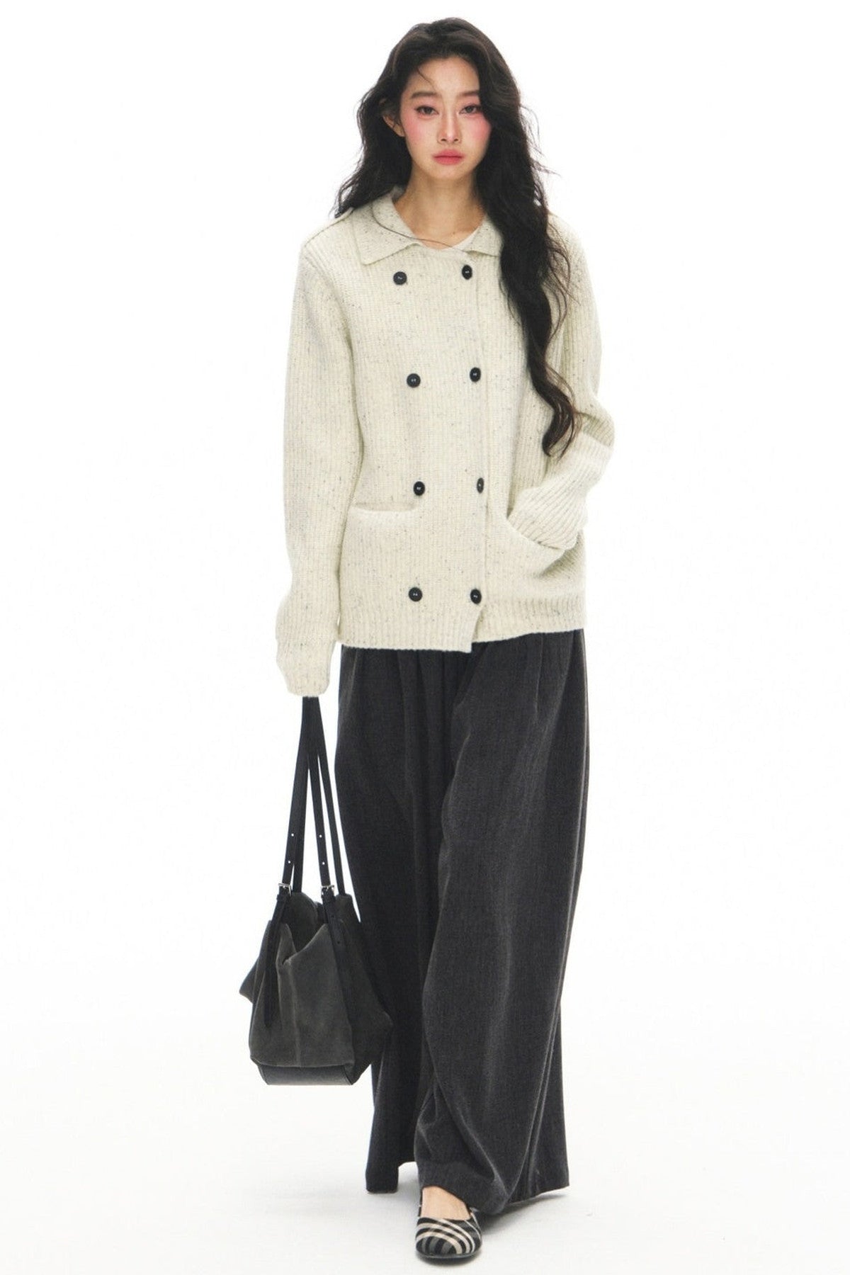 Gray Knit Cardigan With Trousers Set-Up