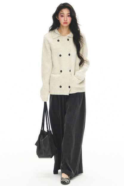 Gray Knit Cardigan With Trousers Set-Up