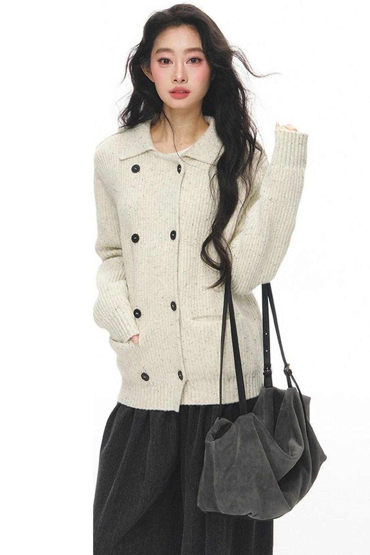 Gray Knit Cardigan With Trousers Set-Up