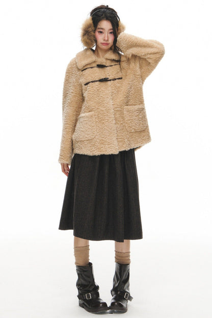 Fur Collar Horn Button Jacket Skirt Set-Up