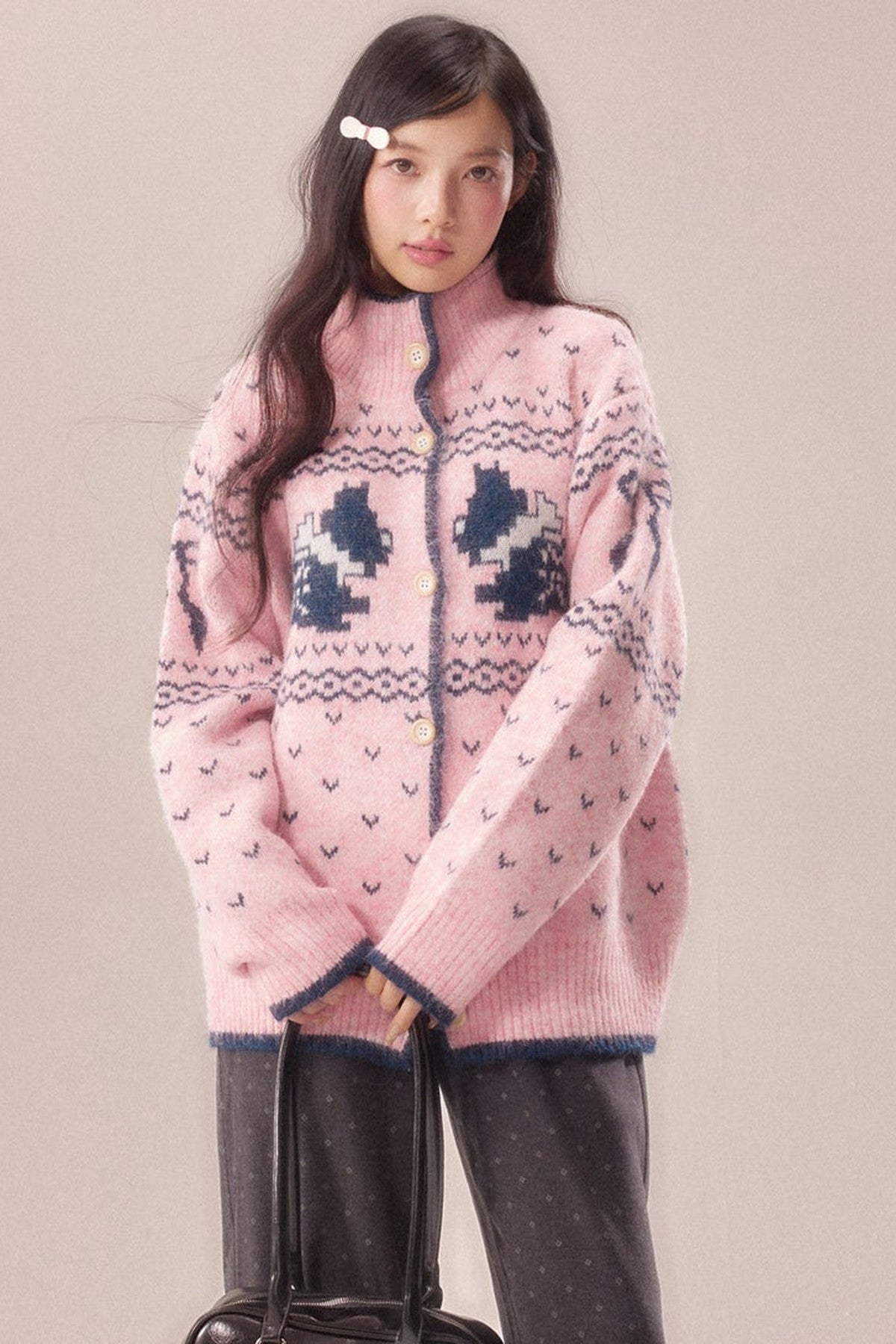 High Collar Dog Knit Cardigan