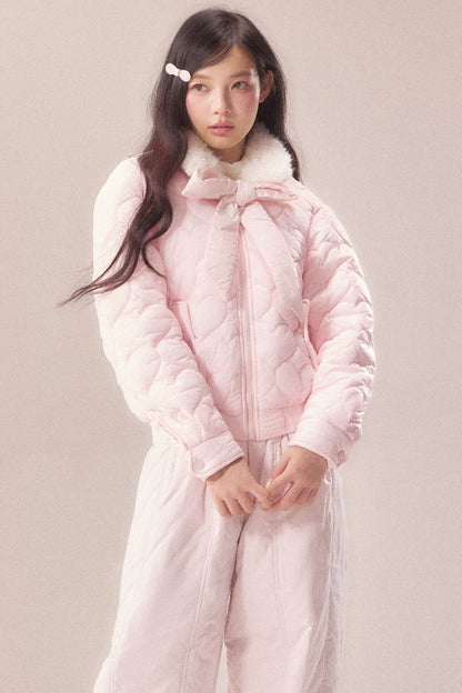 Heart Embossed Bow Padded Jacket