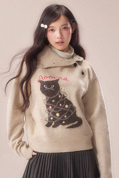 Diagonal Placket Cat Knit Pullover