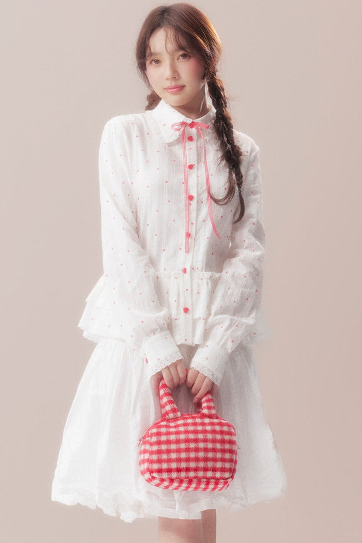 Bow Polka Dot Shirt and Skirt Set-Up