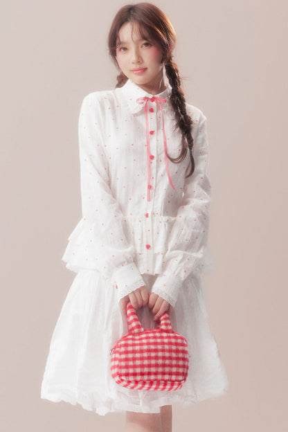 Bow Polka Dot Shirt and Skirt Set-Up