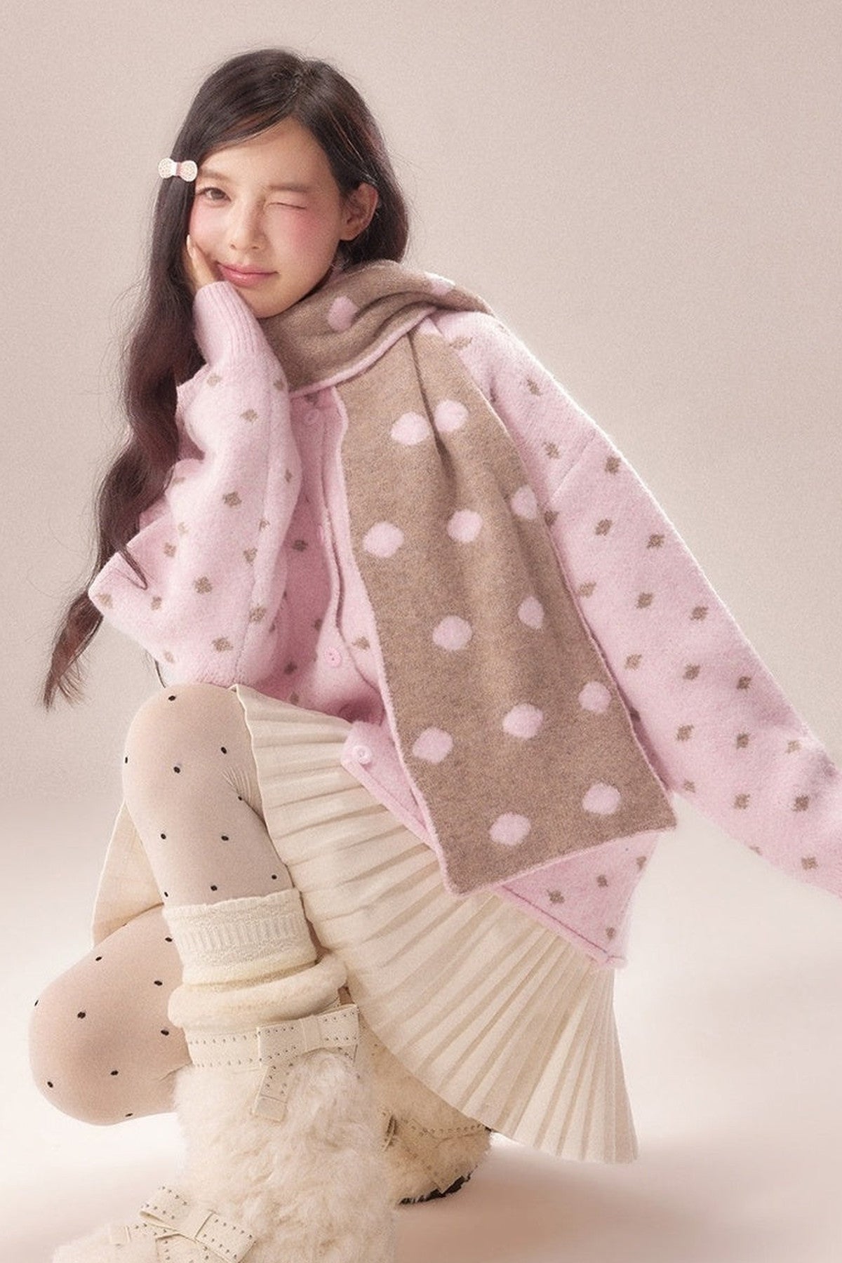 Polka Dot Scarf Knit Cardigan