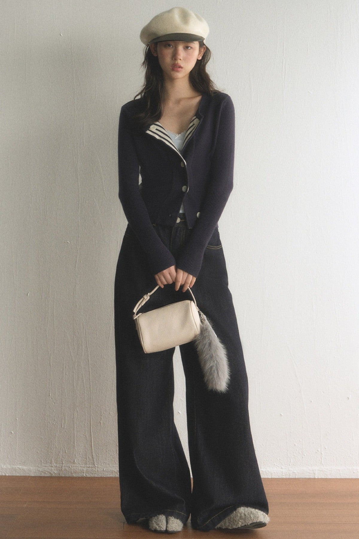 Striped Lapel Cardigan and Wide-Leg Jeans Set-Up