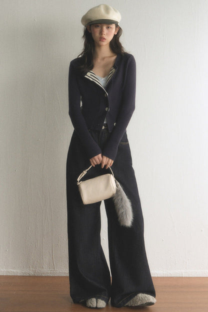 Striped Lapel Cardigan and Wide-Leg Jeans Set-Up
