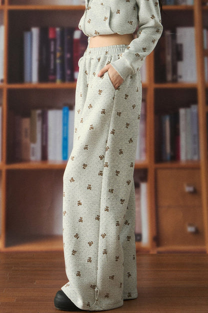 Elastic Waist Bear Print Wide-Leg Pants