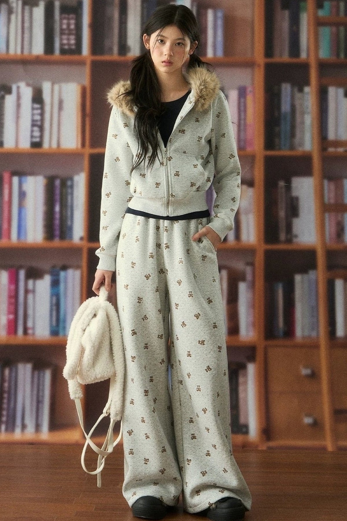 Bear Print Hooded Top and Pants Set-Up