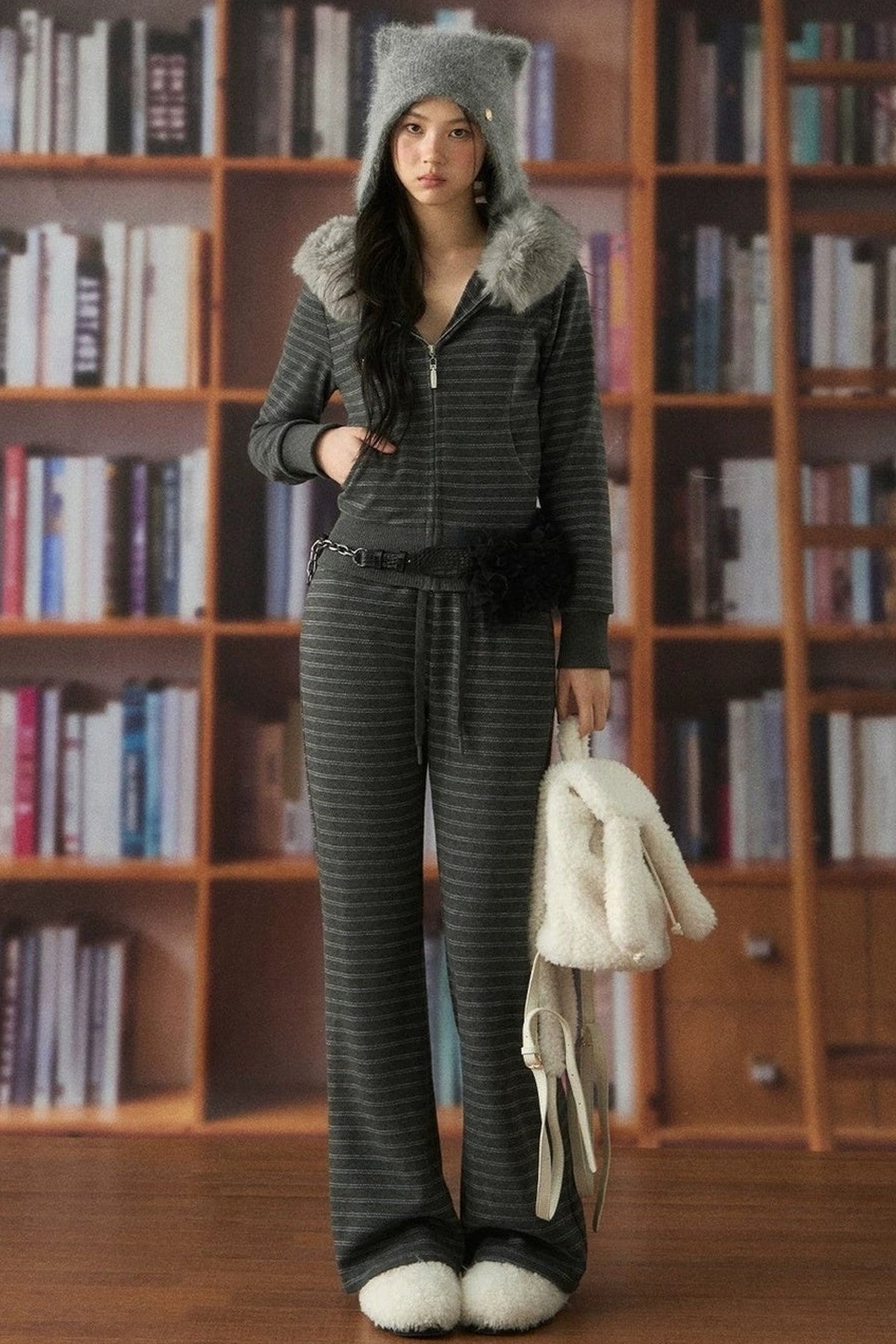 Striped Fur Collar Hooded Sweatshirt and Pants Set-Up