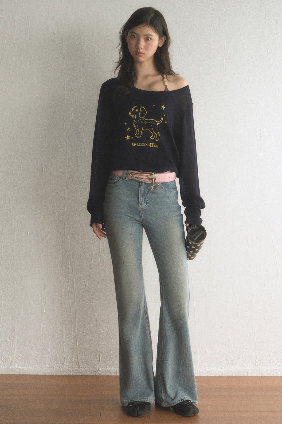 Off-Shoulder Dachshund Top and Flared Jeans Set-Up
