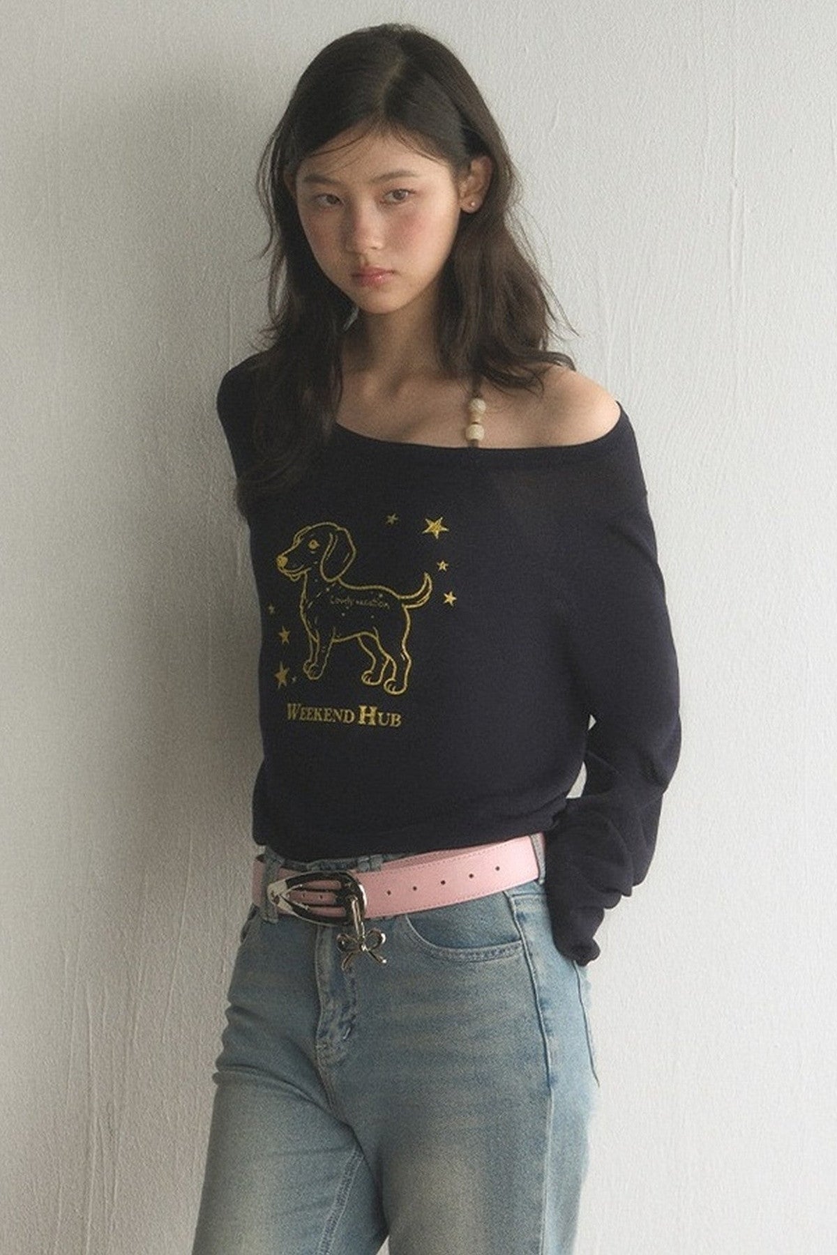 Off-Shoulder Dachshund Top and Flared Jeans Set-Up