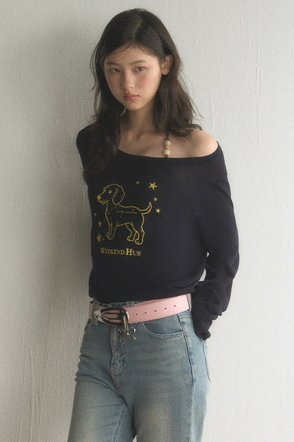 Off-Shoulder Dachshund Top and Flared Jeans Set-Up