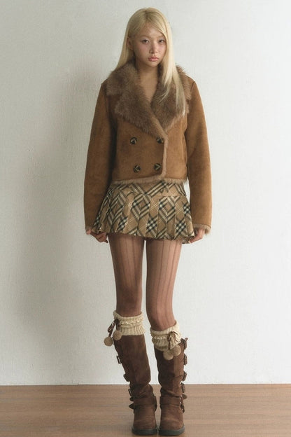 Suede Fur Collar Double-Breasted Jacket With Skirt Set-Up
