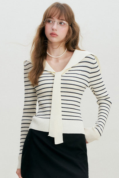 Navy Striped Sailor Collar Knit Top