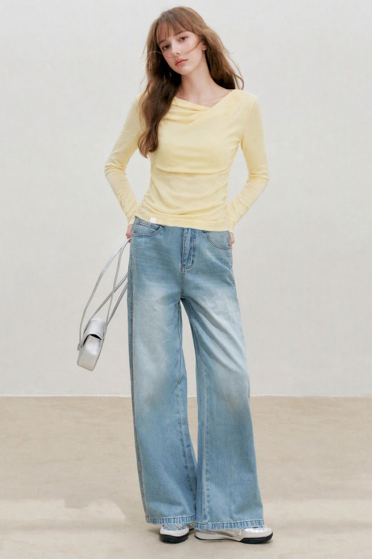 Lyocell Overlapping Pleated Long-Sleeve T-Shirt