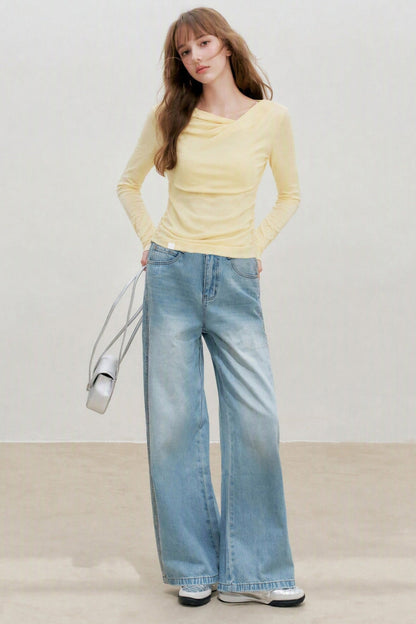 Lyocell Overlapping Pleated Long-Sleeve T-Shirt