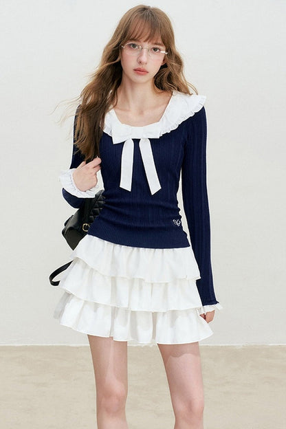 Doll Collar Detachable Bow Knit Top