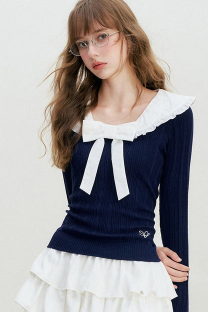 Doll Collar Detachable Bow Knit Top