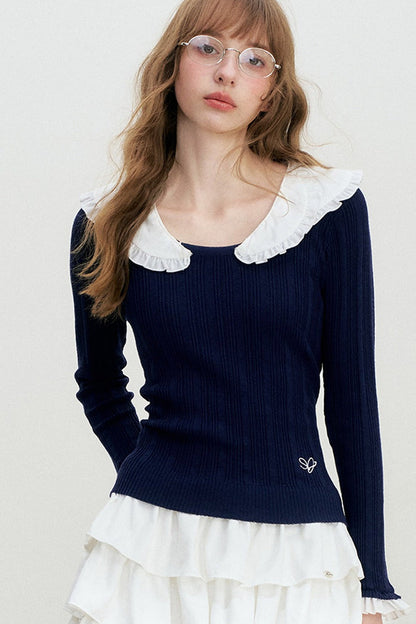 Doll Collar Detachable Bow Knit Top