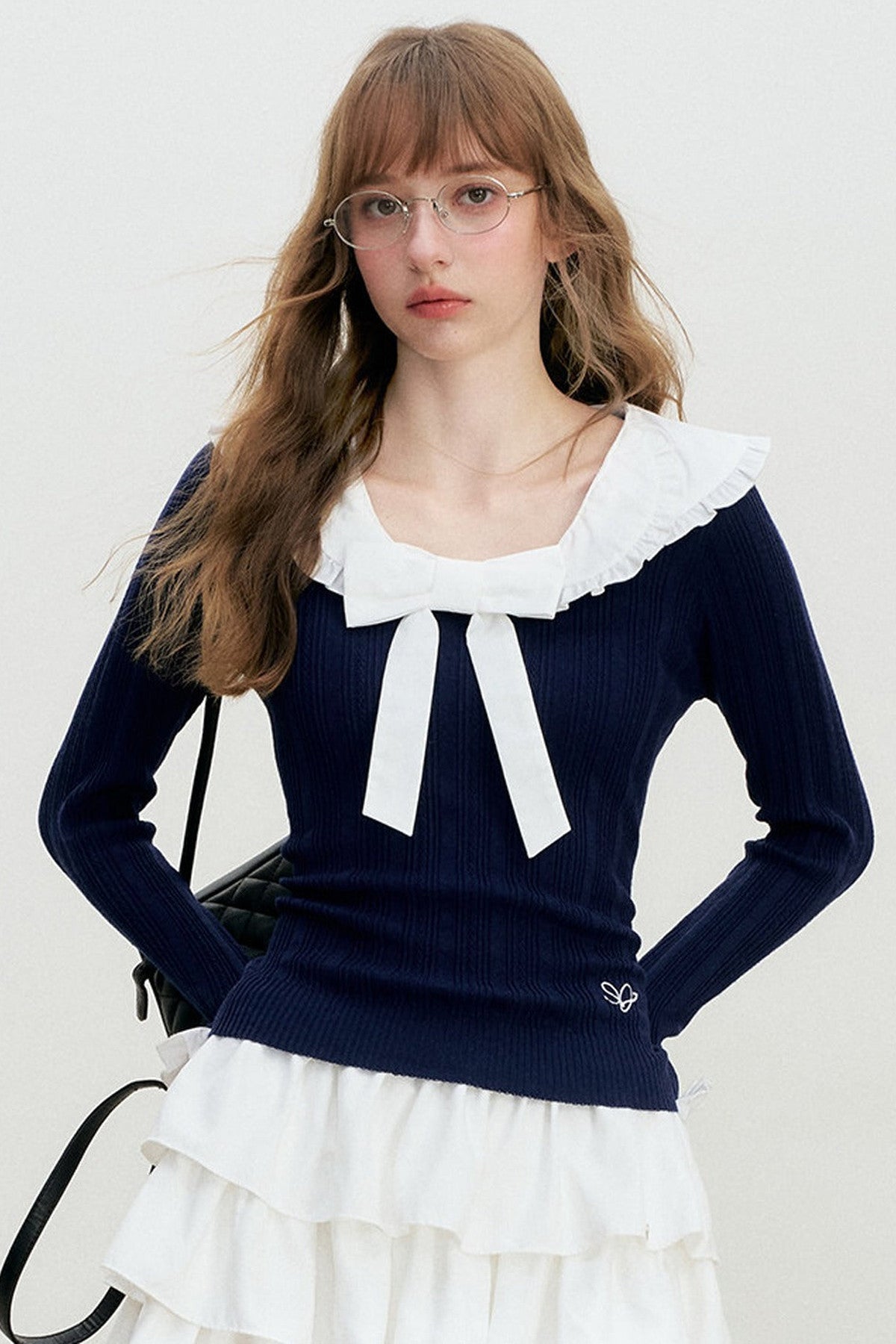 Doll Collar Detachable Bow Knit Top