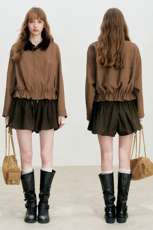 Short Color-Blocked PU Work Jacket