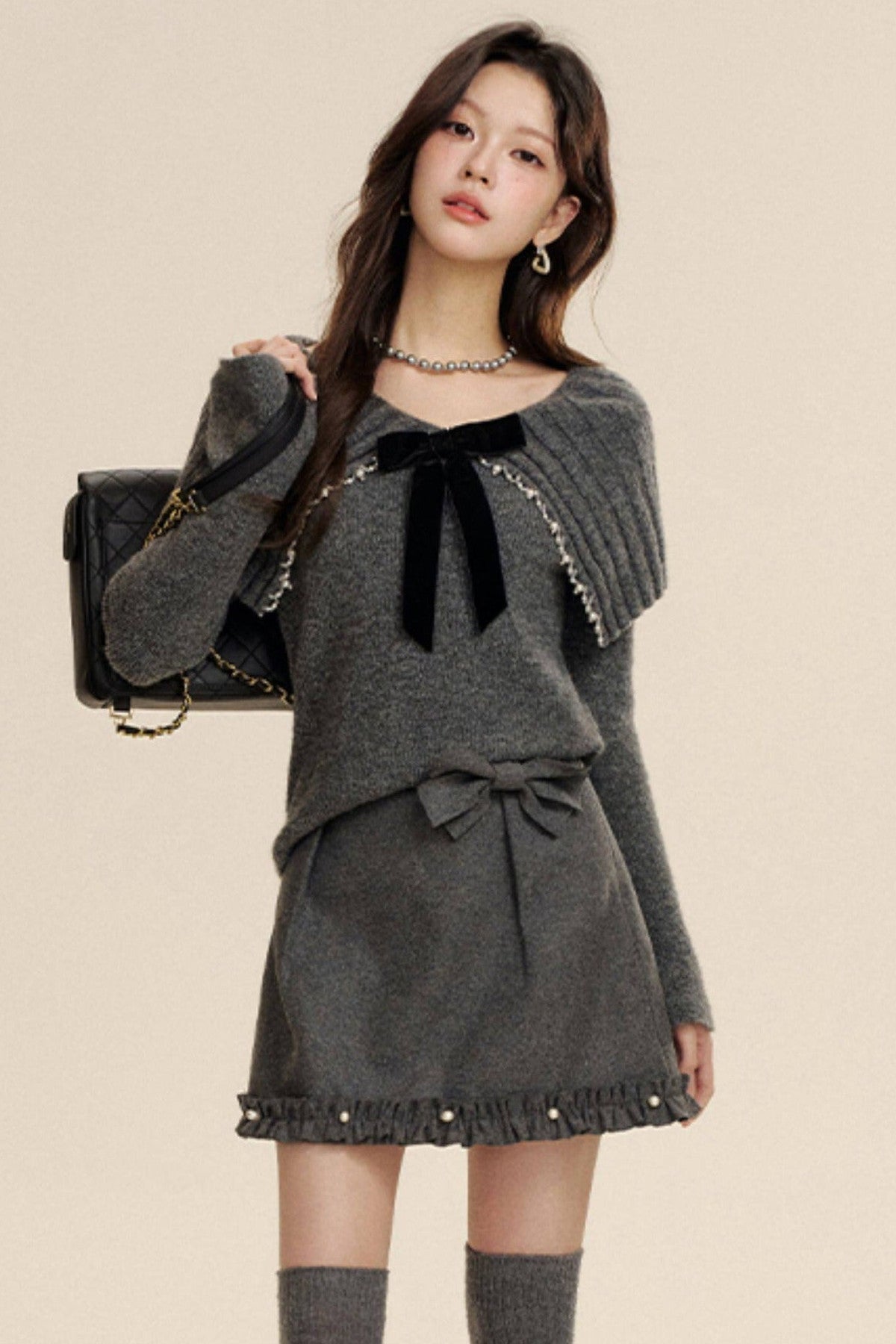 Bow-Knot Pearl Knit Sweater and Skirt Set-Up