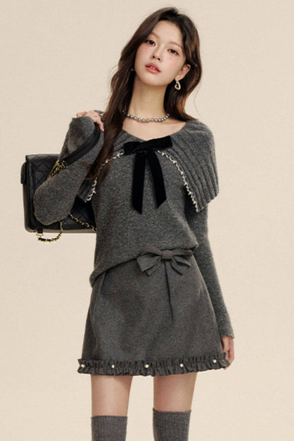 Bow-Knot Pearl Knit Sweater and Skirt Set-Up
