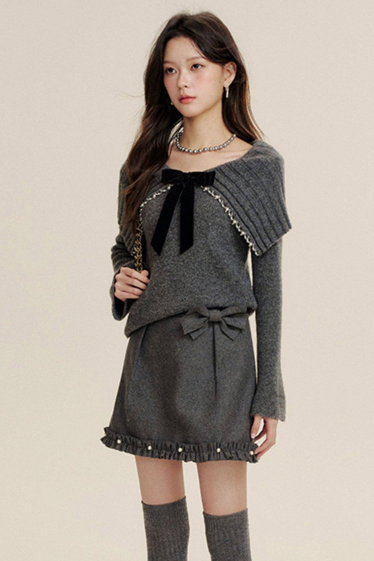 Bow-Knot Pearl Knit Sweater and Skirt Set-Up