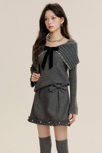 Bow-Knot Pearl Knit Sweater and Skirt Set-Up