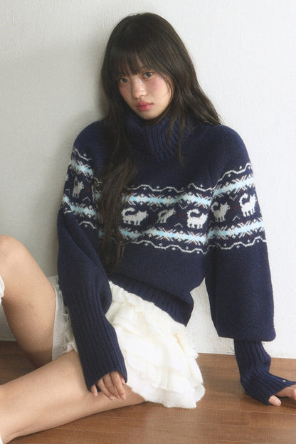 Fair Isle Cat Turtleneck Sweater