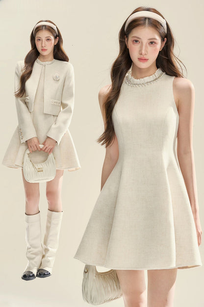Ruffled Collar Jacket and Dress Set-Up