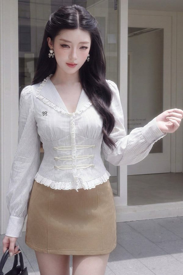 V-Neck Puff Sleeve Lace Blouse