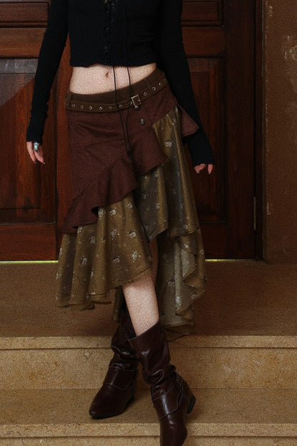 Suede Floral Patchwork Skirt