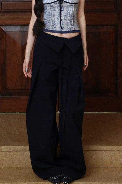 Folded Waistband Drawstring Wide-Leg Pants