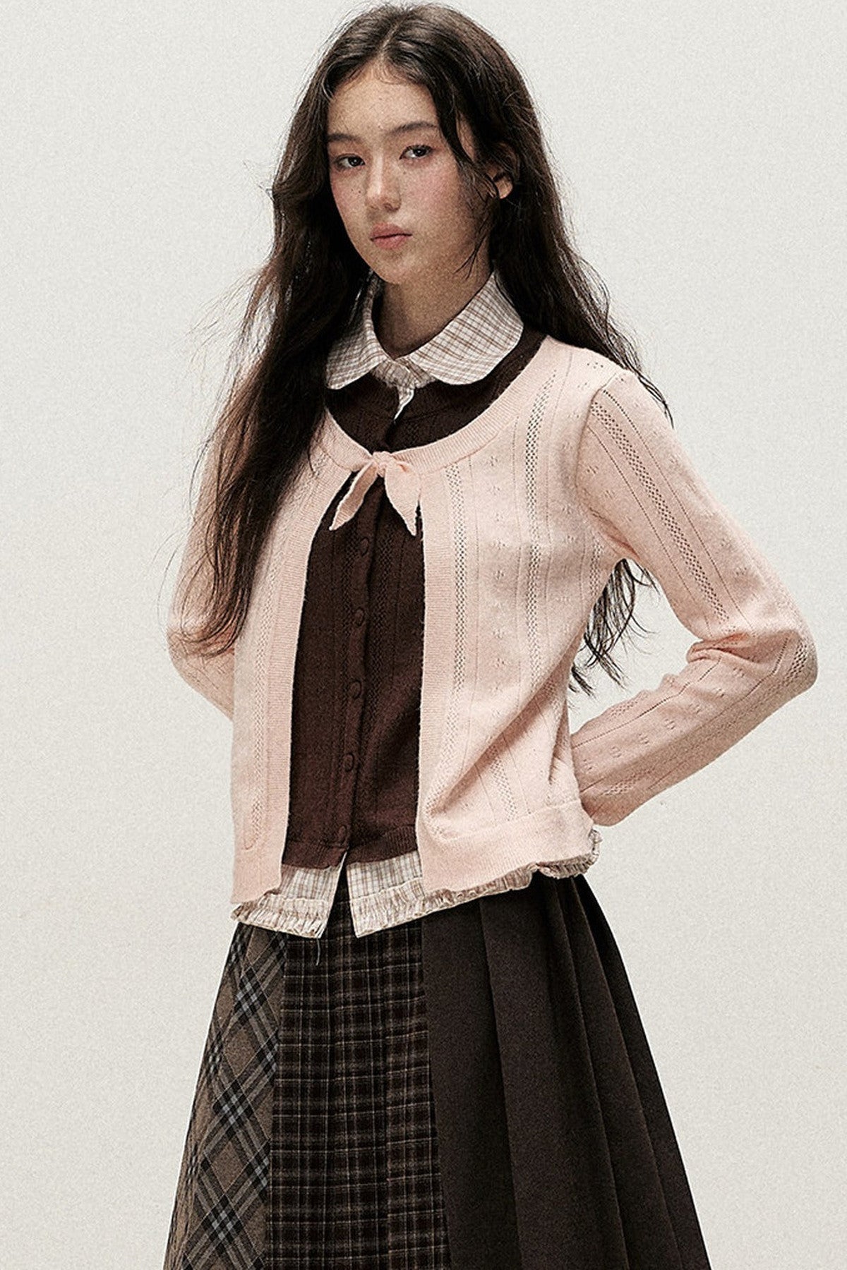 Plaid Collar Layered-Look Knit Top